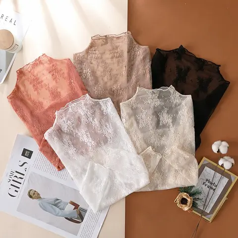 Women's Korean Semi-Transparent Mesh Blouses, Mixmatch 2-3 Sets (2PCS/3PCS Options) - Elegant Long Sleeve Sheer Crop Top Bottoming Tees with Transparent Lace