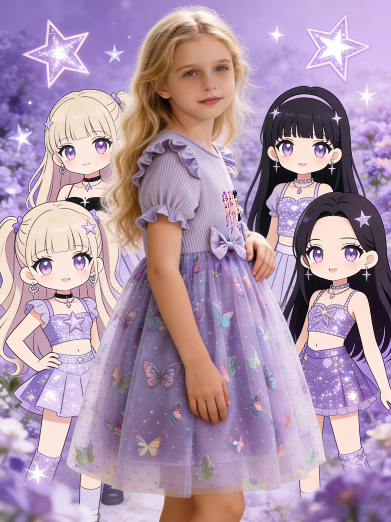 K-Pop Butterfly Child Princess Dress, Cute Fly Sleeve Bow Net Dress, Slim-Fitting Butterfly Pattern Dress for Girls