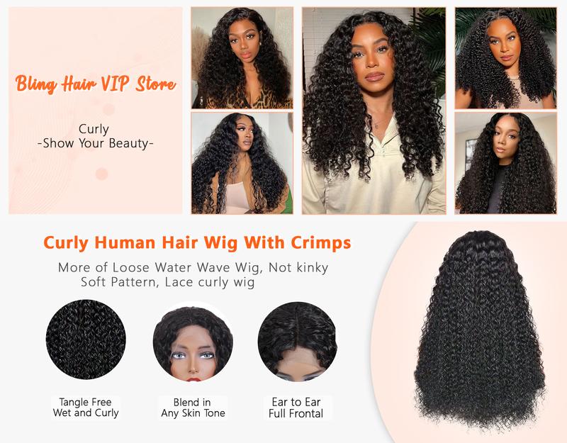 Bling Hair VIP 38 36 34 inch Kinky Curly Lace Front Wigs Human Hair Pre Plucked 180% Density 13x4 13x6 HD Transparent Lace Frontal Curly Wigs Human Hair Deep Curly Human Hair Wigs For Women Natural Black
