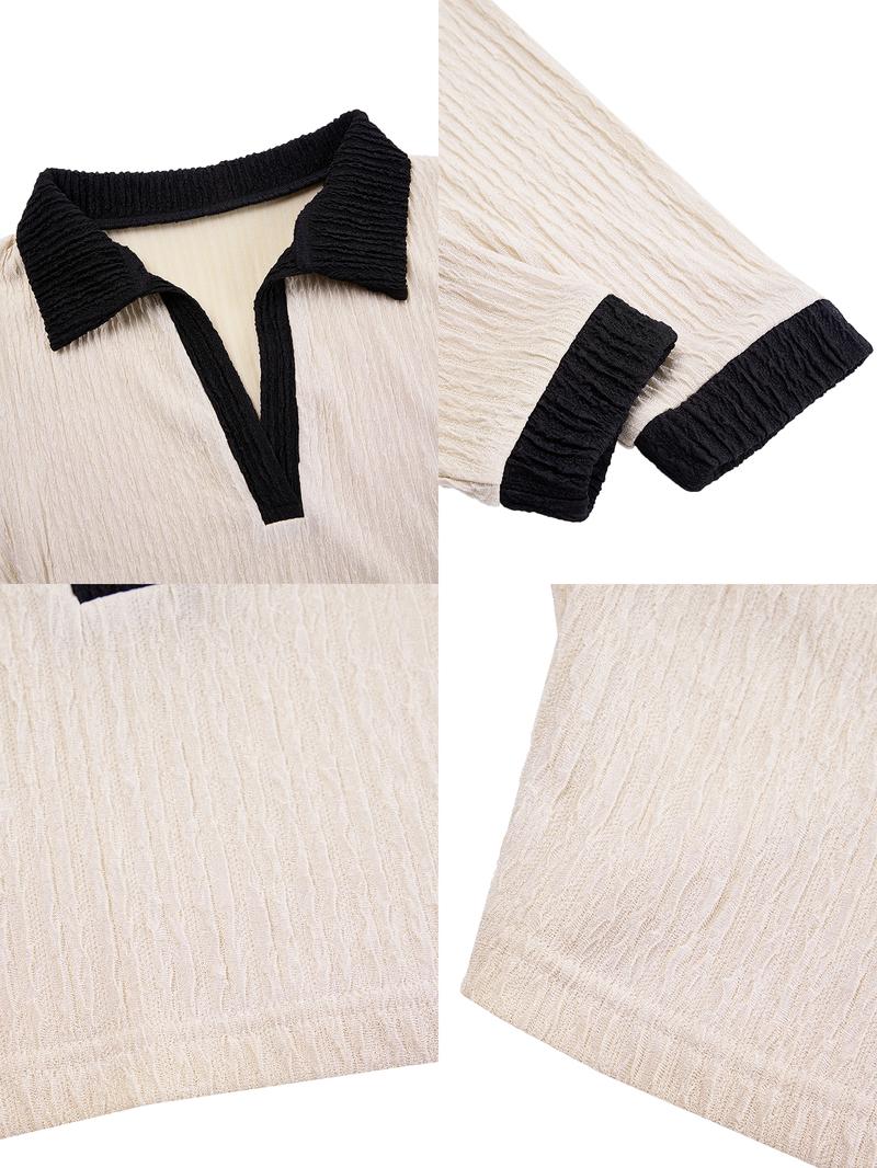 Women's Elegant Patchwork Skirt Set, High Waist Pleated Layered Hem, Long Sleeve Short Top, Fall & Winter Fashion Plus Size