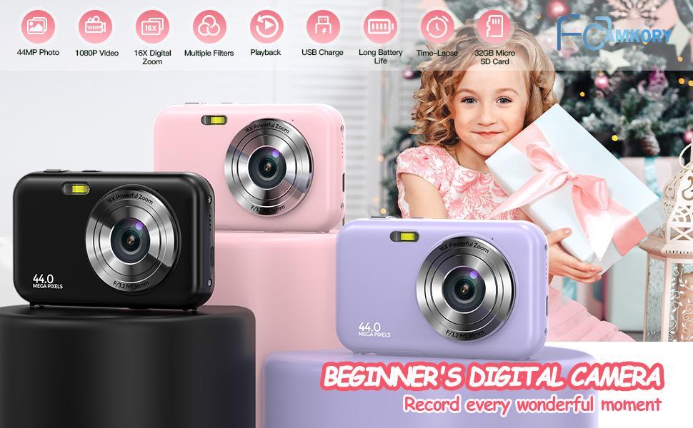 CAMKORY Kids Digital Camera (Violet Purple) - 44MP High Definition Electronic Portable Kids Video Camera, FHD 1080P Compact Rechargeable Point & Shoot, 16X Zoom, Anti-Shake, 32GB Micro SD Card, Lanyard, USB Type-C, Electronic Portable Camera