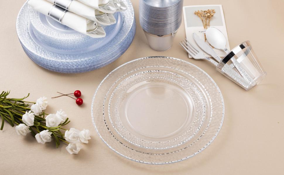 Bestluck 350PCS Clear Plastic Plates with Silver Trim Disposable Dinnerware Set for 50 Guests Includes 100 Plates 50 Napkins 50 Cups Premium Quality BPA-Free Ideal for Weddings Parties Anniversaries
