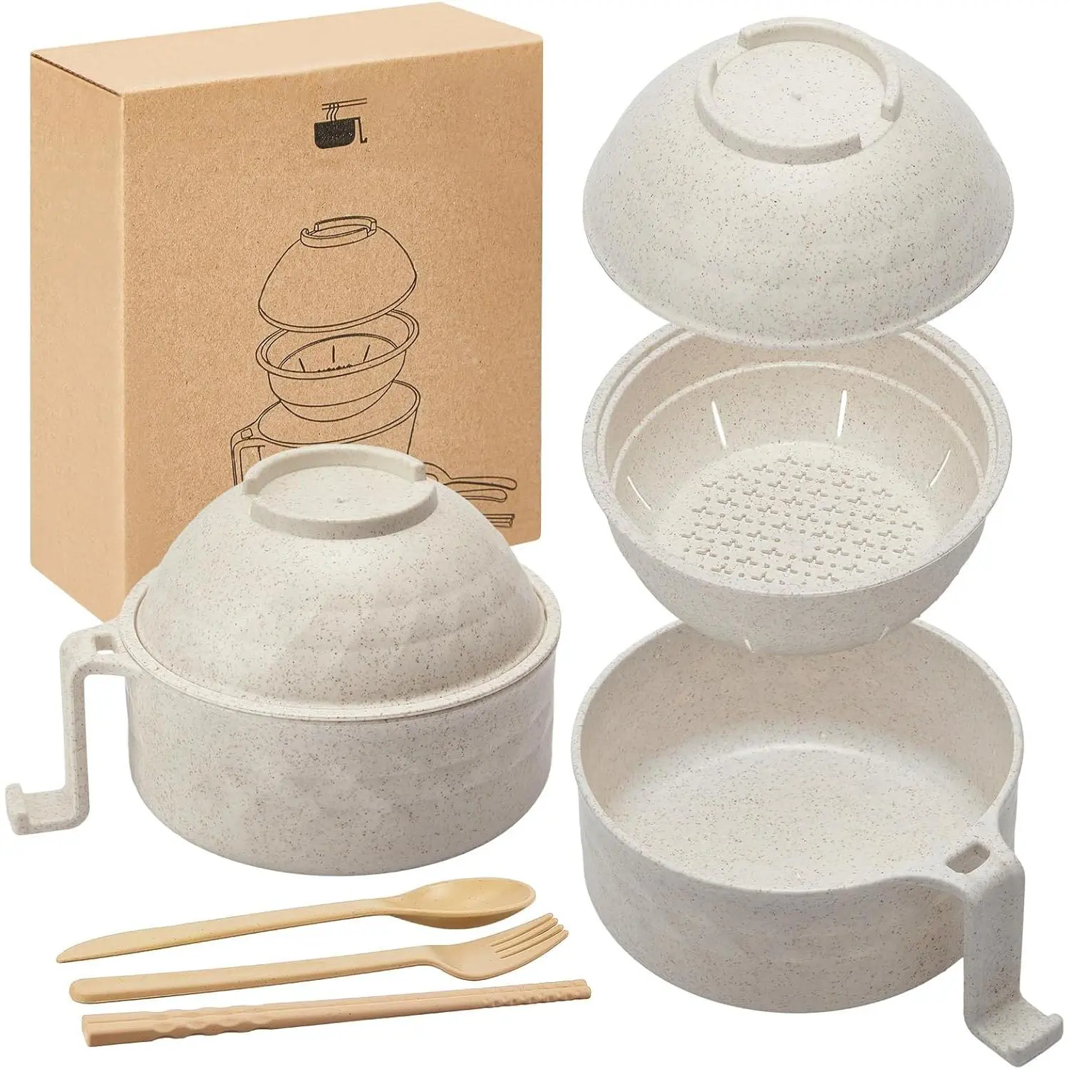 Heat Resistant Ramen Cooker Bowl Set - Practical Camping Tableware, Reusable Set with Chopsticks, Cover, Utensils - Microwave Safe Camp Kitchen Gadget for College Students, Fast Meals, Includes Utensils