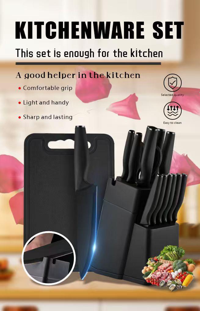 XBJ Knife Set with Knife Block, 15-Piece Rainbow Titanium Knife Block Set, Cooking Steak Knife Set with Black Handles.