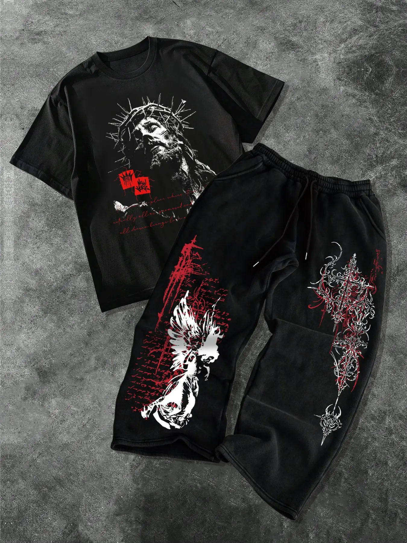 Men's Fashion Casual Two-Piece Set, Soft Comfortable Jesus & Angel Wings Print Round Neck T-Shirt and Drawstring Wide Leg Pants