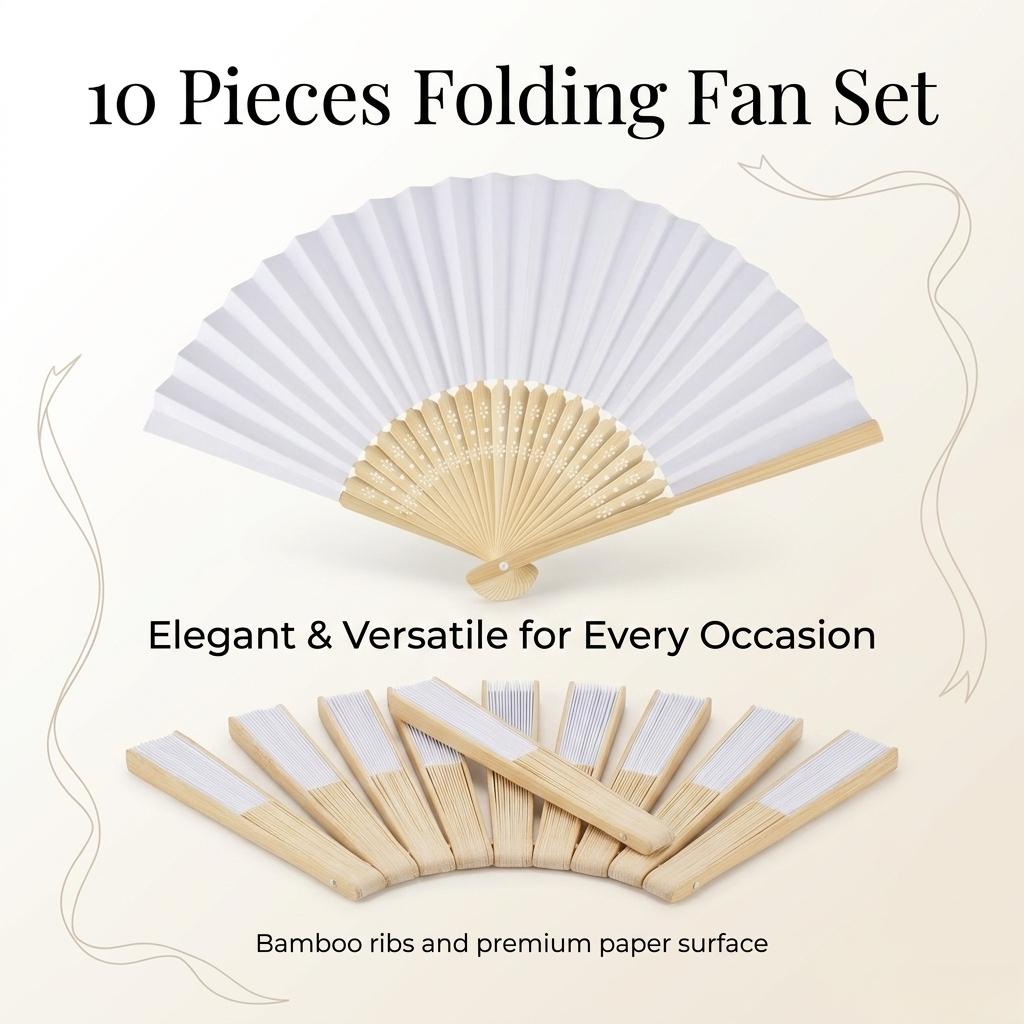 10-Pack Blank White Folding Paper Fans With Bamboo Ribs, Lightweight Portable Hand Fans, Elegant Versatile Style For Weddings, Parties And DIY Crafts, Perfect For Custom Decoration And Various Occasions