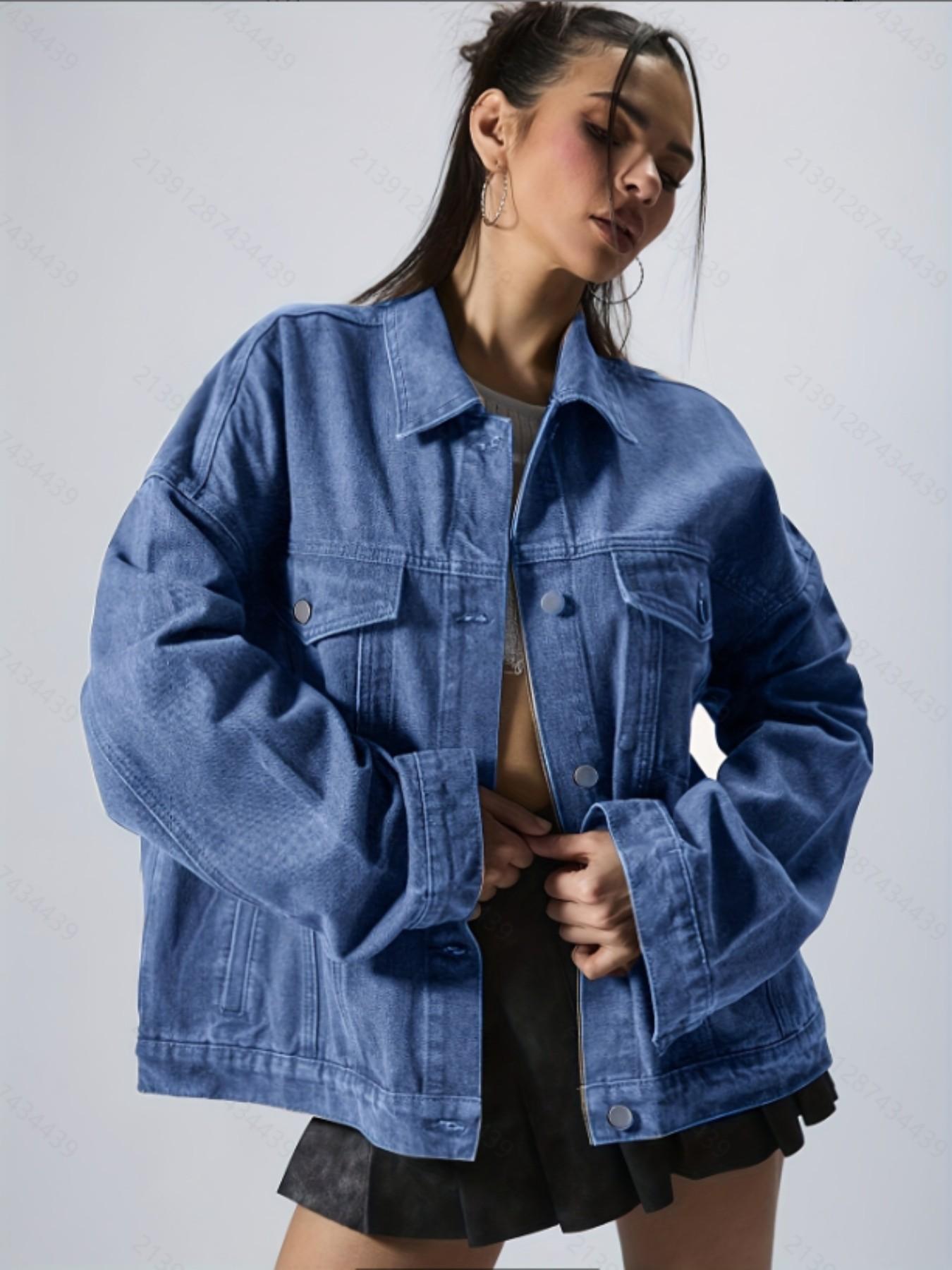 Women's Plain Basic Button-Front Drop-Shoulder Fitted Denim Jacket Coats, Casual Long-Sleeve Collared Pocket Outerwear for Daily Wear, Aesthetic Womenswear Women's Plain Basic Button-Front Drop-Shoulder Fitted Denim Jacket Coats, Casual Long-Sleeve Collared Pocket Outerwear for Daily Wear, Aesthetic Womenswear