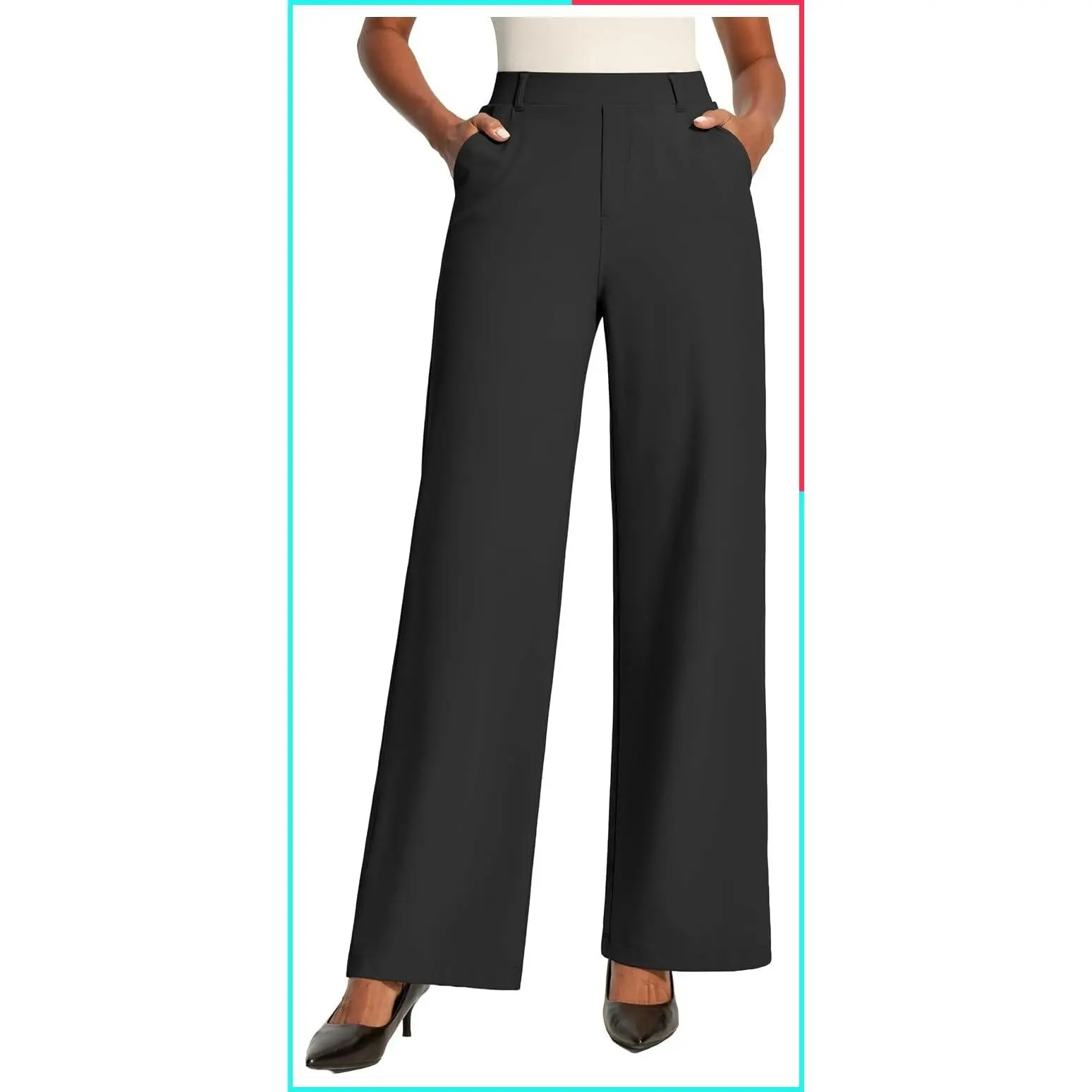 Women's Petite Wide Leg Pull-On Stretch Dress Pants High Waisted Business Casual Trousers with Pockets