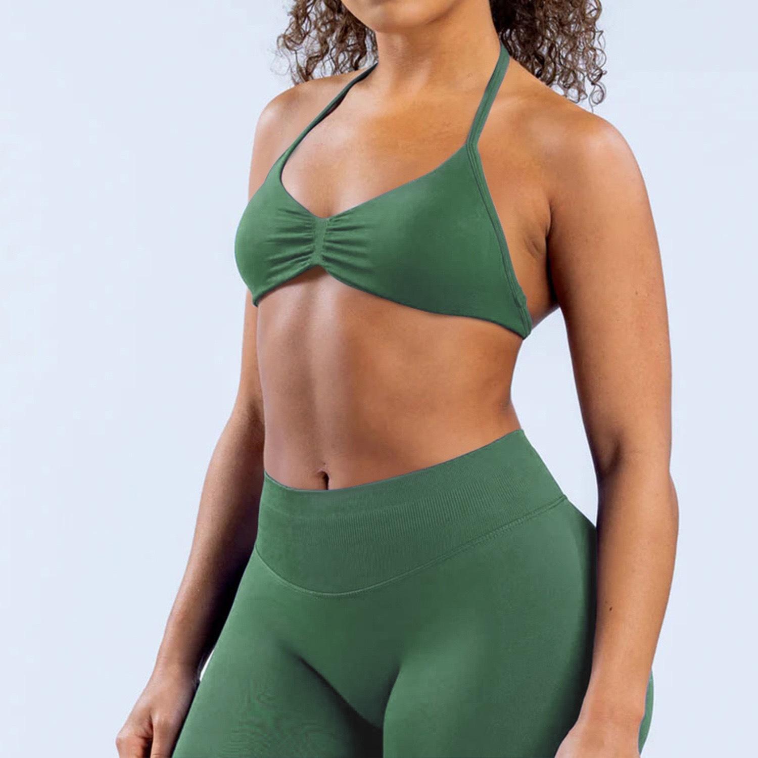 DFYNE halter neck bra with backless design and hip-lifting shorts are highly elastic and won't dig into your skin. They're versatile enough for both workouts and everyday wear.