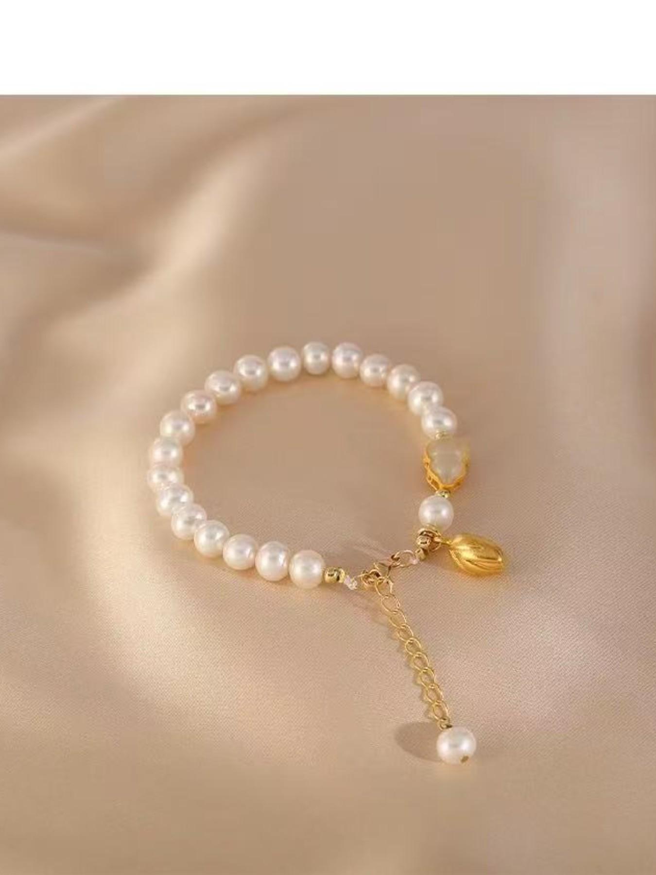 Natural Freshwater Pearl Copper Plated 14k Gourd Flower Bud Bracelet, Fashion Versatile Women's Hand Chain, Luxury Jewelry Accessory