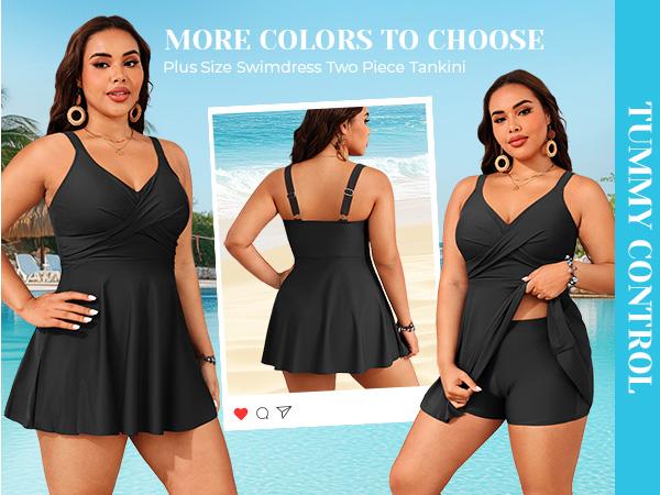 Aqua Eve Plus Size Swim Dress - Two Piece Tankini Swimsuit Tummy Control Bathing Suit with Shorts