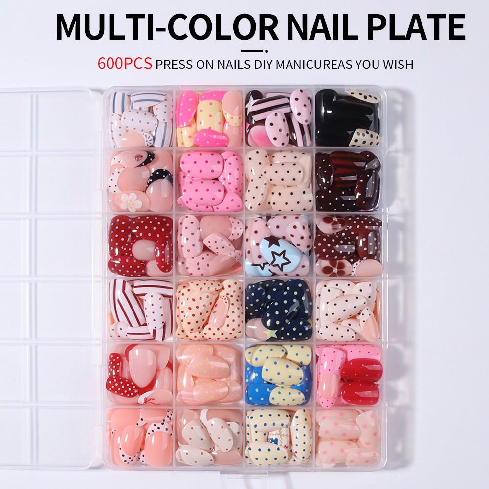 600pcs Almond Press-On Nails, Polka Dot French Design, Nail Designs, Medium Size, Acrylic Material, Includes Gel Glue & Nail Files, Perfect for Summer