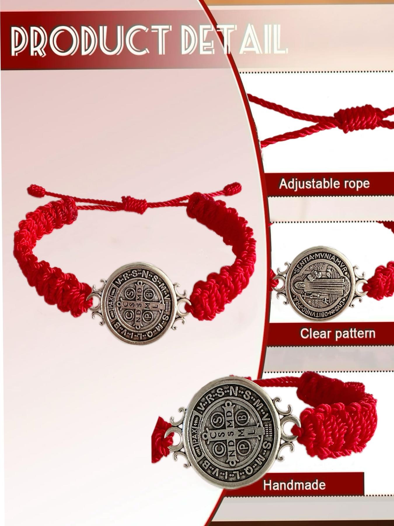 2 Pcs Red St. Benedict Bracelets with Cross Charm and Black Adjustable Cord, Saint Benedict Medal, Catholic Religious Symbolism Jewelry Gift for Men and Women, Religious Wristband, Prayer Bracelet