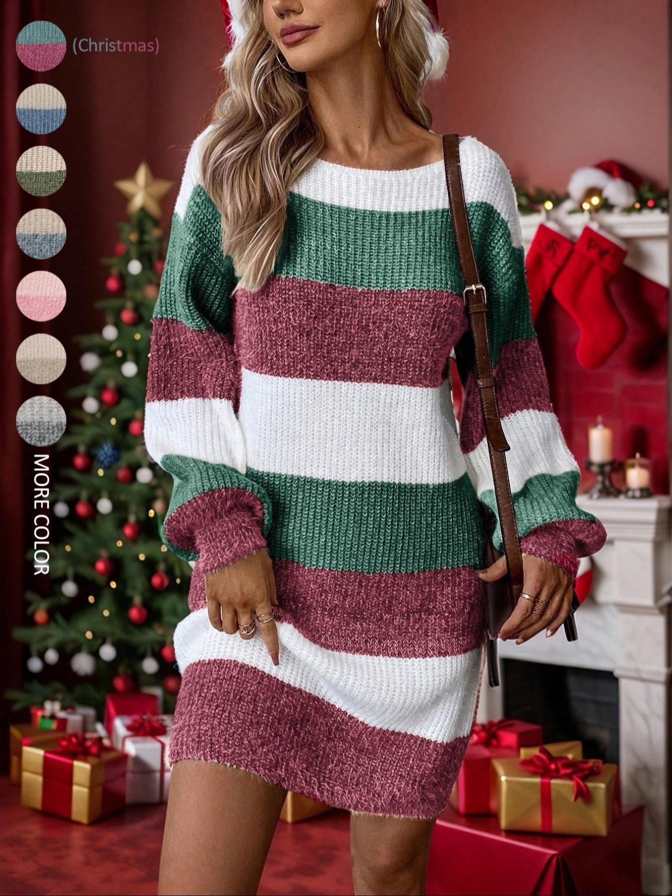 Women's Colorblock Striped Sweater Dress, Elegant Fashion Style, Perfect for Fall & Winter, Daily Wear, Parties, Dates