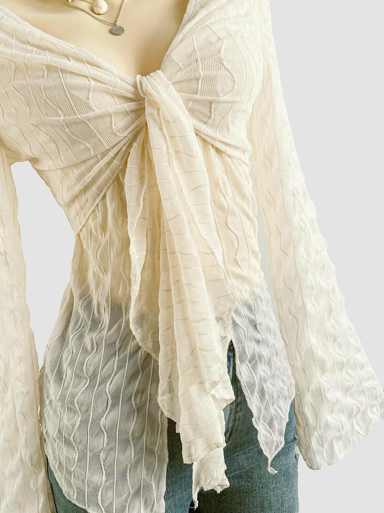 Women's Cute Sexy Button Tie Lace Top, Summer Woven Thin Fabric Loose Fit Blouse, Casual Fashionable Ladies' Clothing