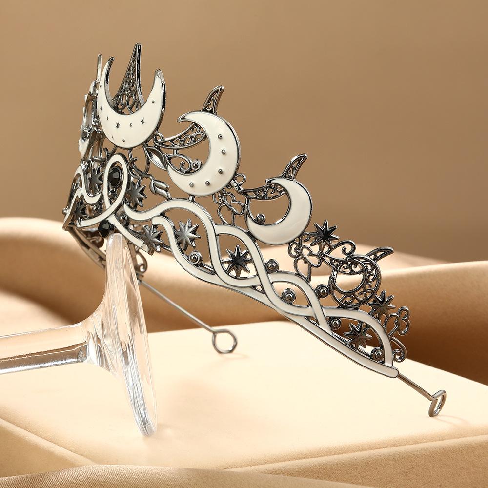 Gothic Moon-Star Rhinestone Crown, Funky Unique Accessories, Unisex Halloween Costume Headpiece for Witch Role Play Party Decoration