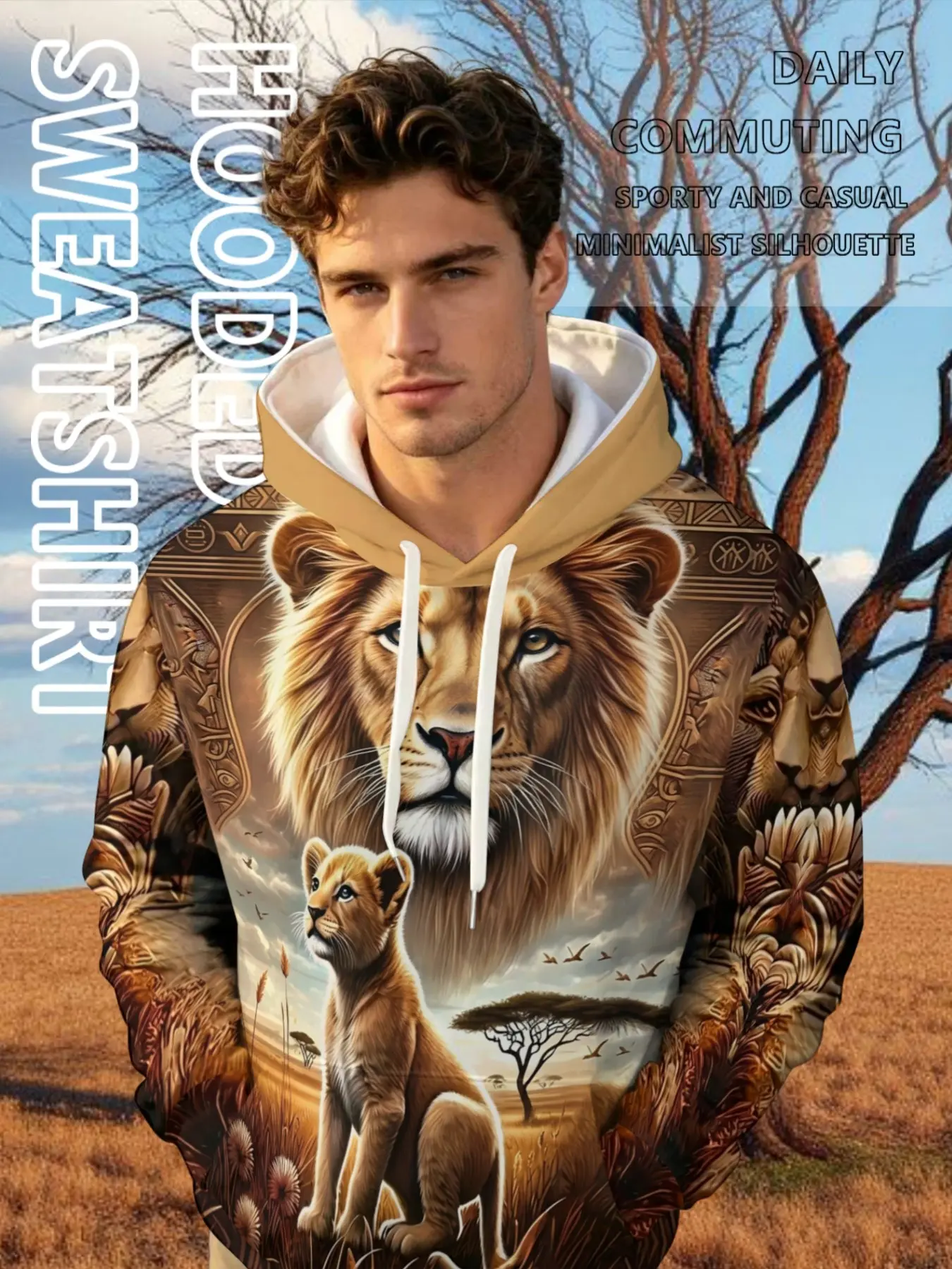 Men's Long Sleeve Hoodie with Drawstring Pocket Hooded, Casual Fitted Design, All Season Wear, Stylish Graphic Print Lion Sweatshirt, Hoodie and Sweatshirt, Tops