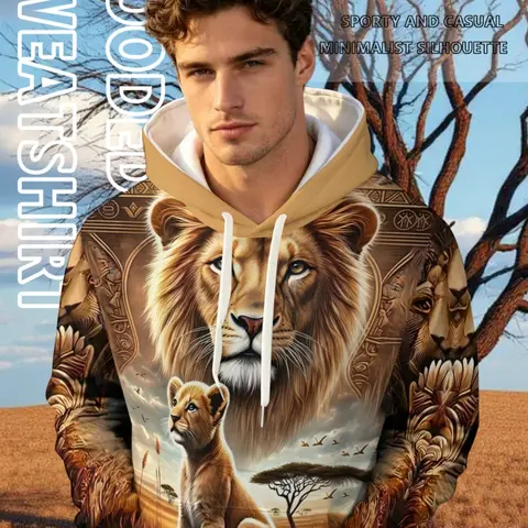 Men's Long Sleeve Hoodie with Drawstring Pocket Hooded, Casual Fitted Design, All Season Wear, Stylish Graphic Print Lion Sweatshirt, Hoodie and Sweatshirt, Tops