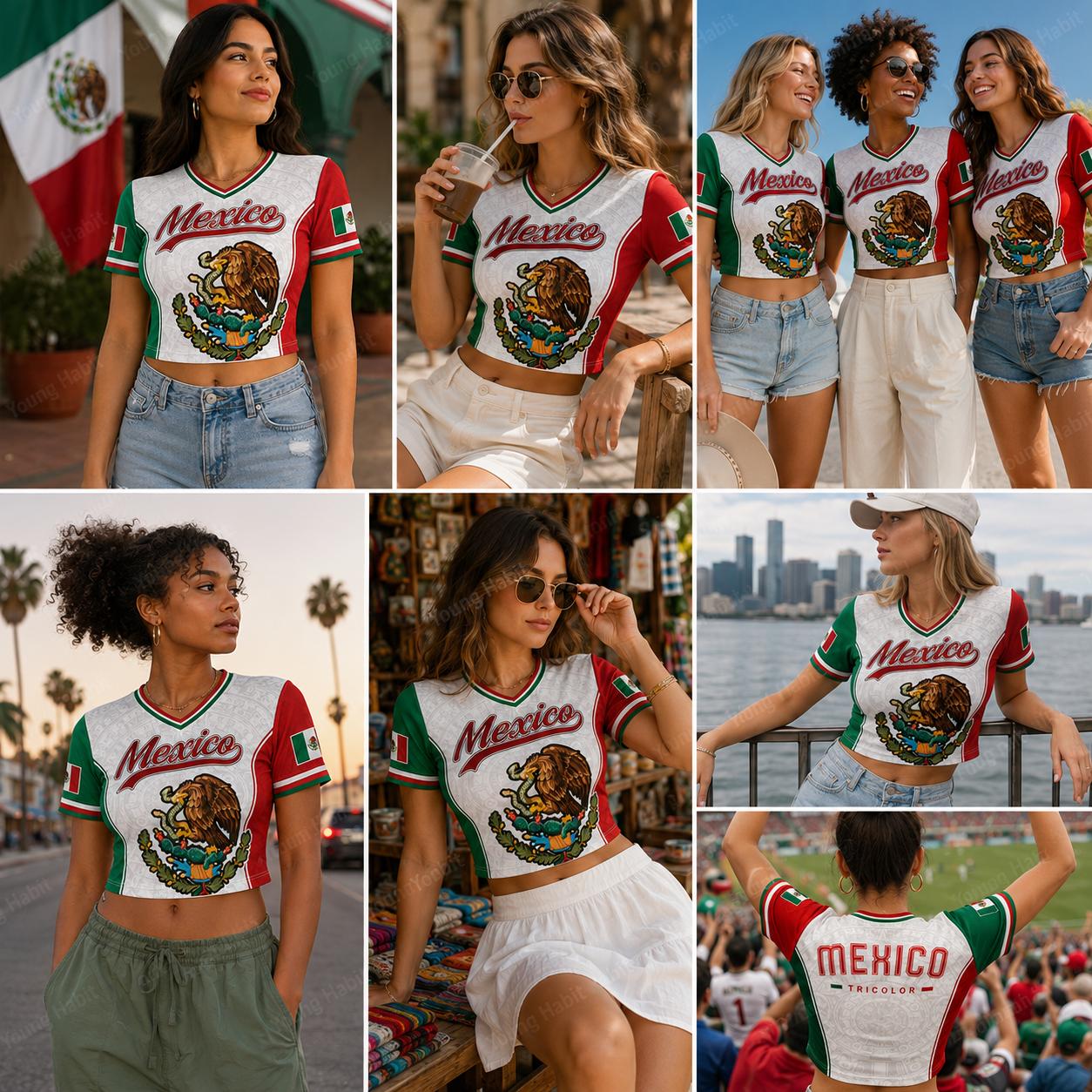 Women's Mexico Cropped V-Neck Athletic Cultural Pride Tee - Short Sleeves, Aztec Graphic, Flag Design, Polyester Lightweight Breathable Fabric, for Casual Streetwear