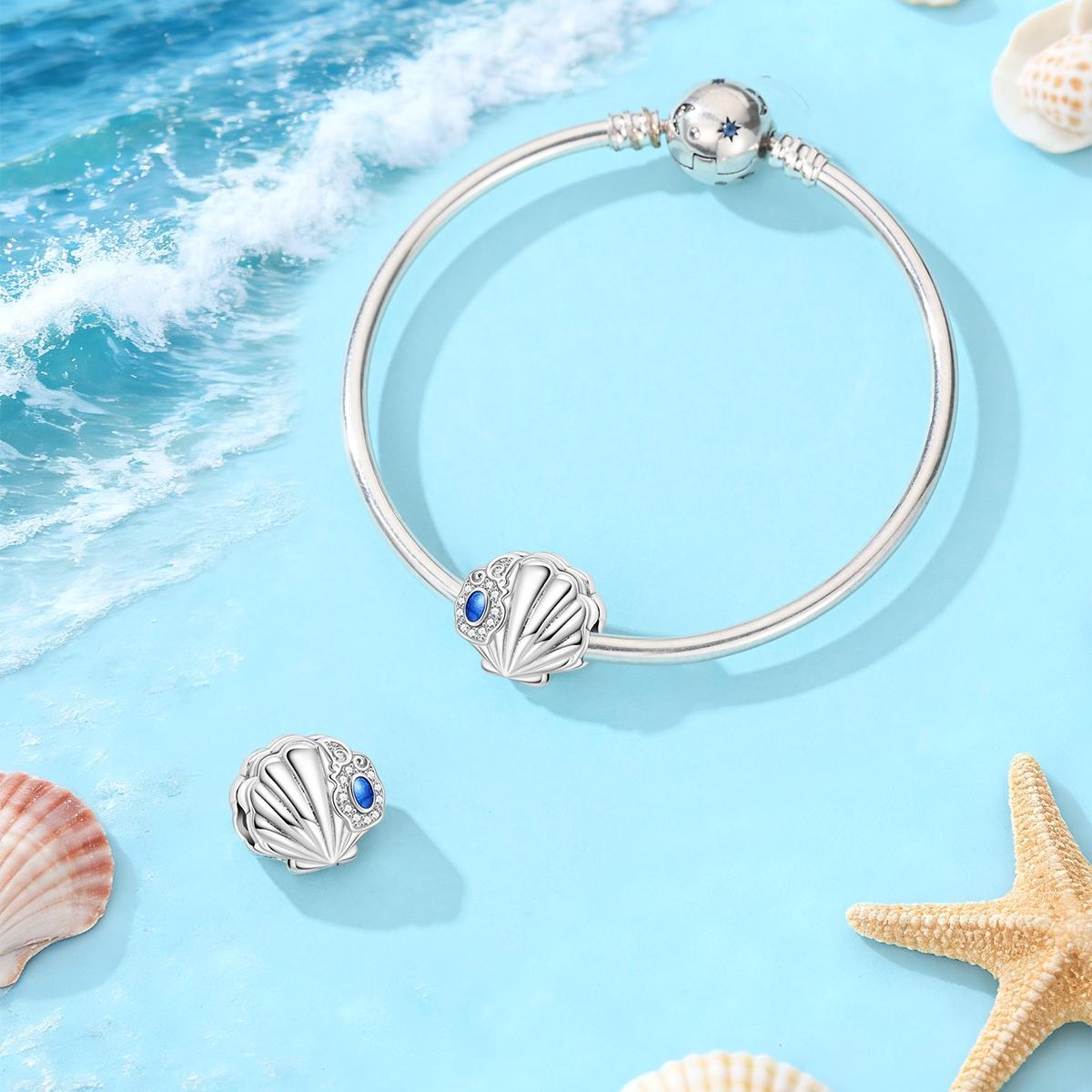 Summer Vacation Seashell Bead Charm, Plated 925 Silver Color, Blue Cz Inlaid, Ocean Themed DIY Jewelry, Beach Holiday Accessory for Women