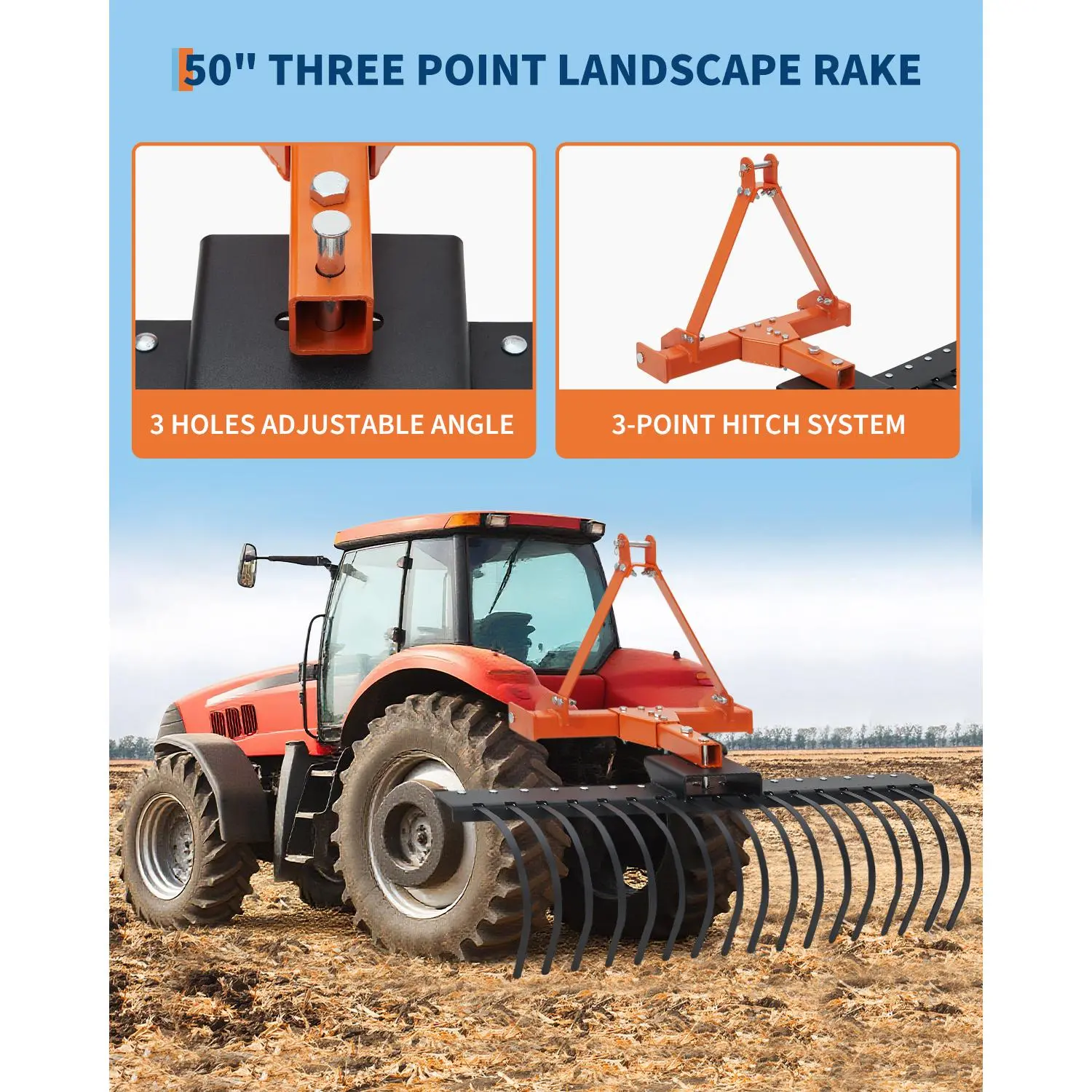 Heavy Duty 3-Point Landscape Rock Rake with Rotating Head and Replaceable Spring Steel Tines – Quick Mount Tractor Attachment for Sub-Compact and Compact Tractors, Ideal for Soil, Lawn, Arena, Brush and Debris Clearing
