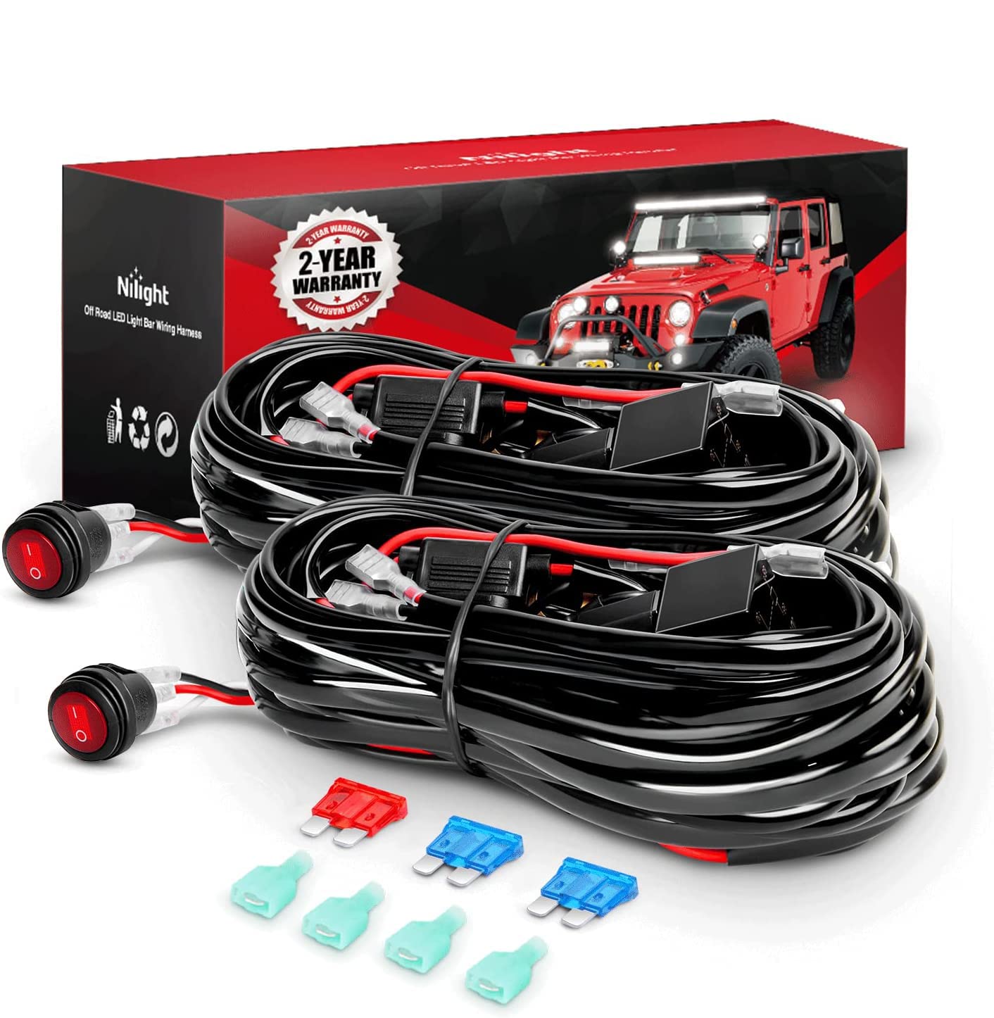 Nilight 2PCS 16AWG LED Light Bar Wiring Harness Kit - 2 Leads 12V On Off Switch Power Relay Blade Fuse for Off Road Lights LED Under Dash Lighting