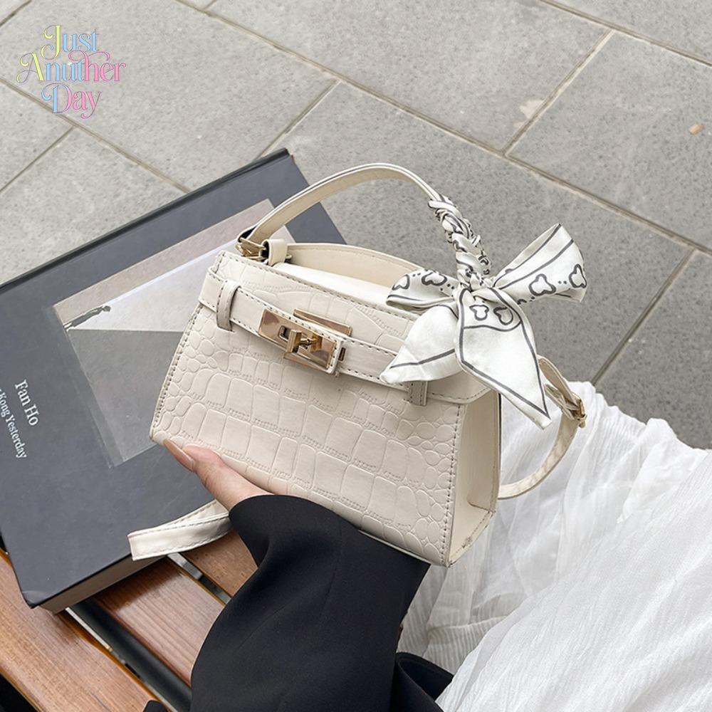 Pink Croc-Embossed Mini Kelly Style Handbag, Elegant French-Inspired Crossbody Bag with Twilly Scarf, Compact & Chic Satchel for Daily Commute