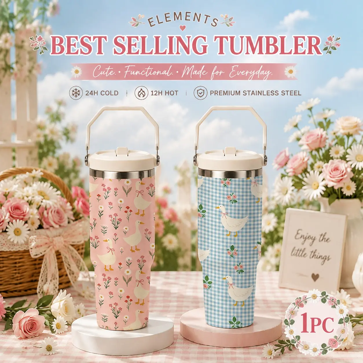 30oz Tumbler with Handle, Cute Goose Floral Print Insulated Stainless Steel Cup, Spring Cottagecore Travel Mug, Large Capacity Vacuum Double Wall Water Bottle with Leakproof Lid, Drinkware, 12H Hot & 24H Cold, Perfect Gift for Her