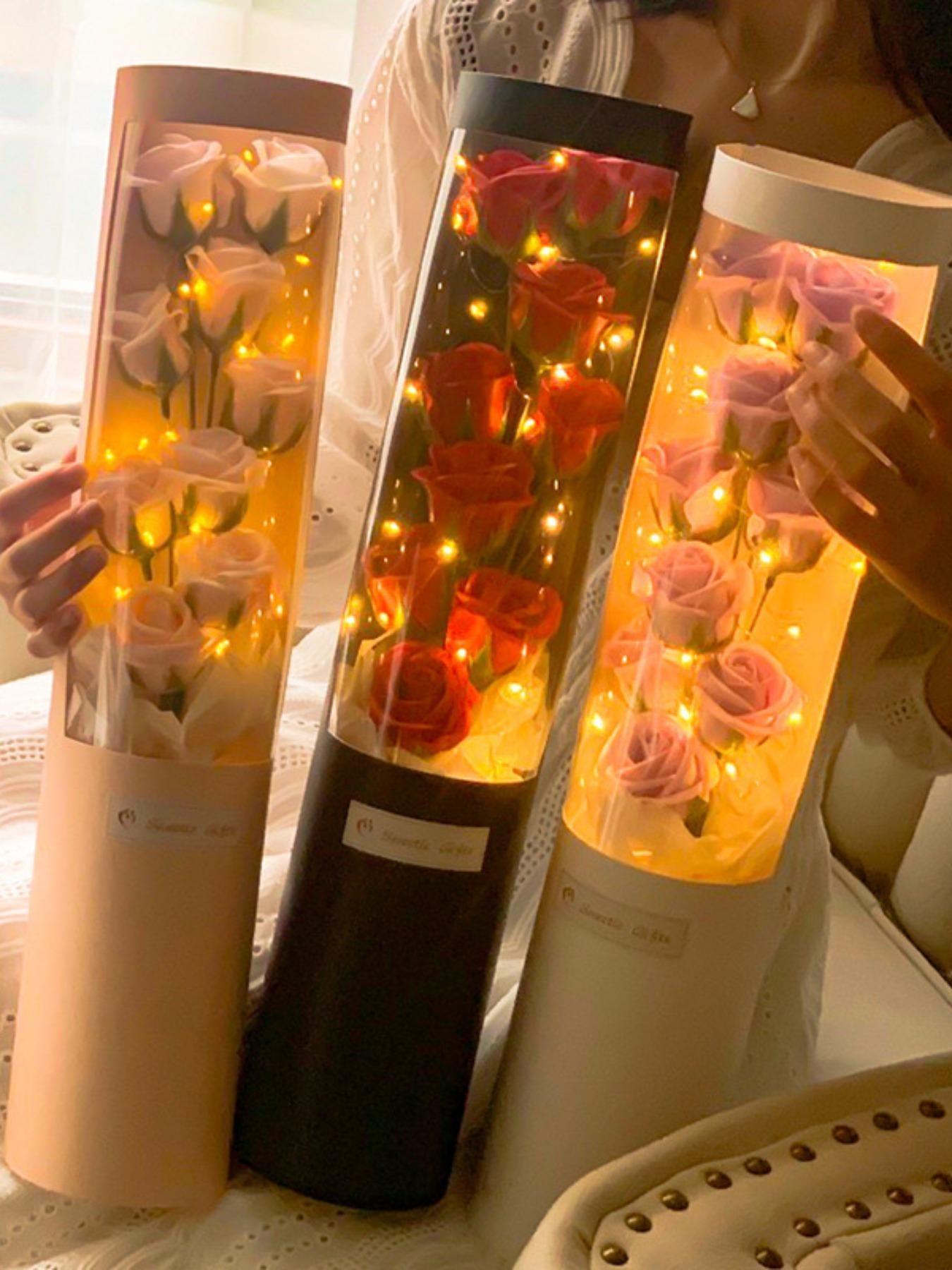 Valentine's Day Custom Rose Bouquet Hug Bucket, Realistic Artificial Flowers, Star Lights, Anniversary Romantic Gift, Wedding Party Decor