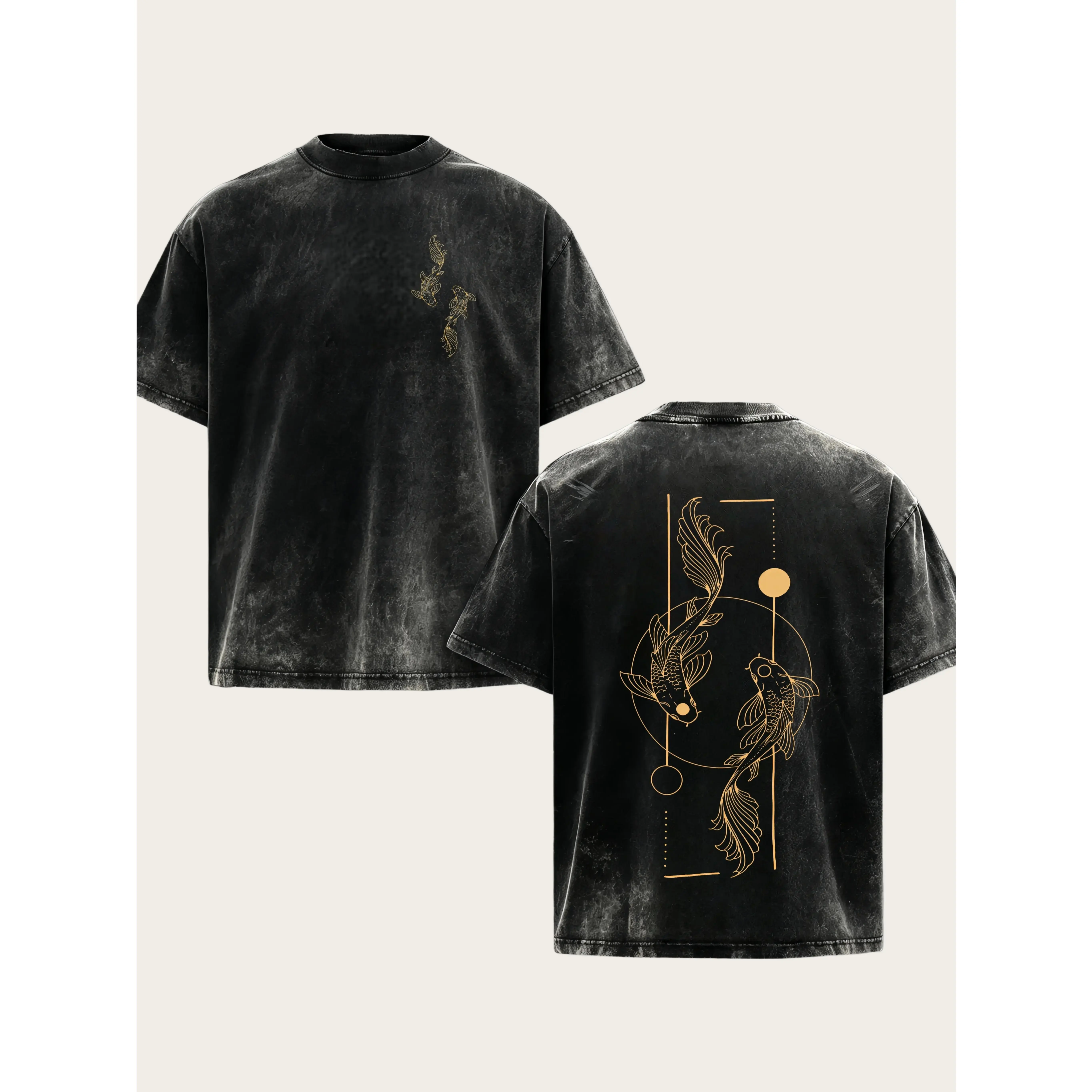 Men's Washed Vintage T-Shirt, Yin Yang Koi Fish Front & Back Print Oversized Tee, Oriental Asian Streetwear Casual Top # KoiFishTee # OrientalStreetwear # WashedVintageShirt # YinYangPrint  versatile short sleeve cotton summer