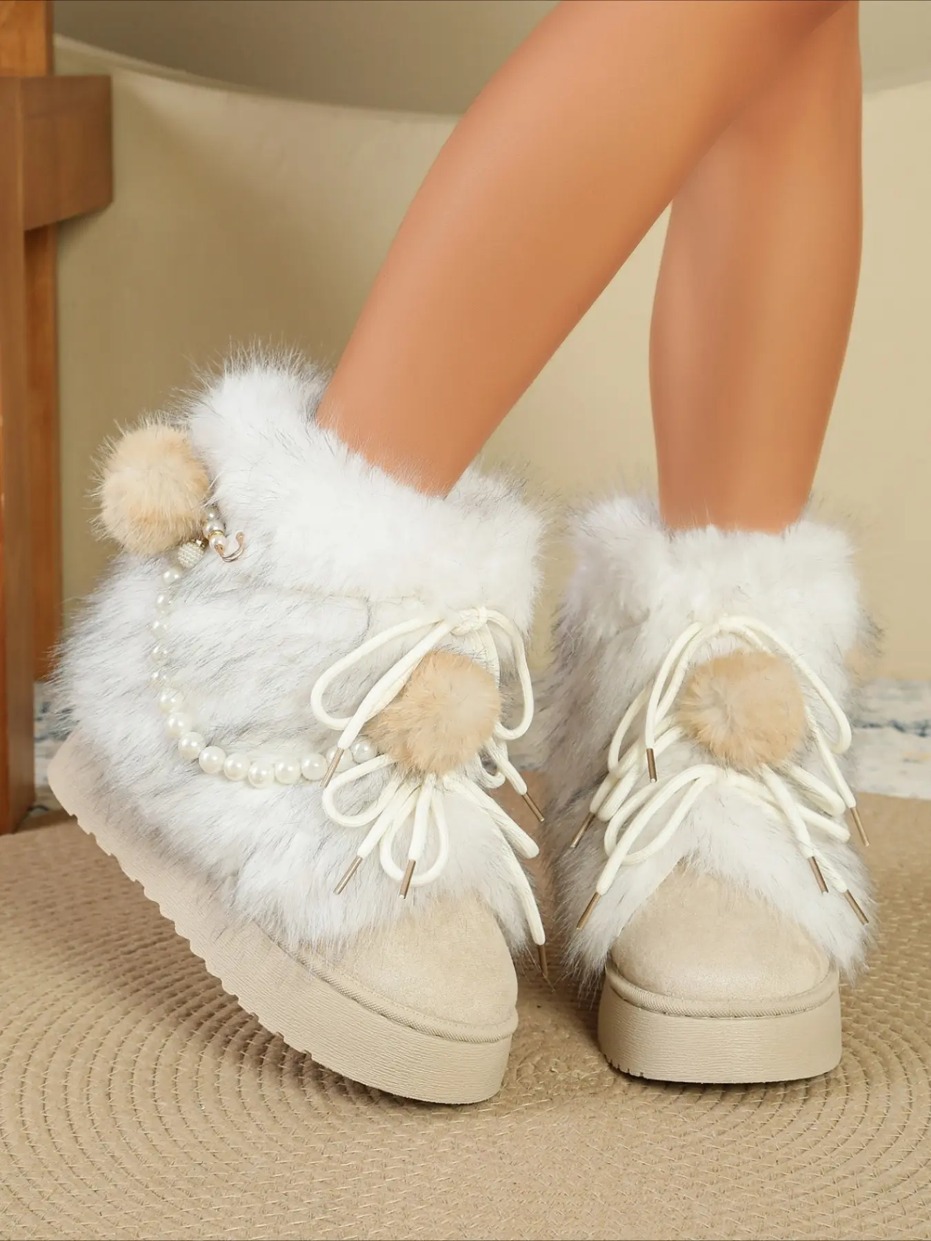 Fluffy thick-soled snow ankle boots with pompom laces and pearl chain, warm plush trim, cute sweet style women winter boots, Shaggy boots