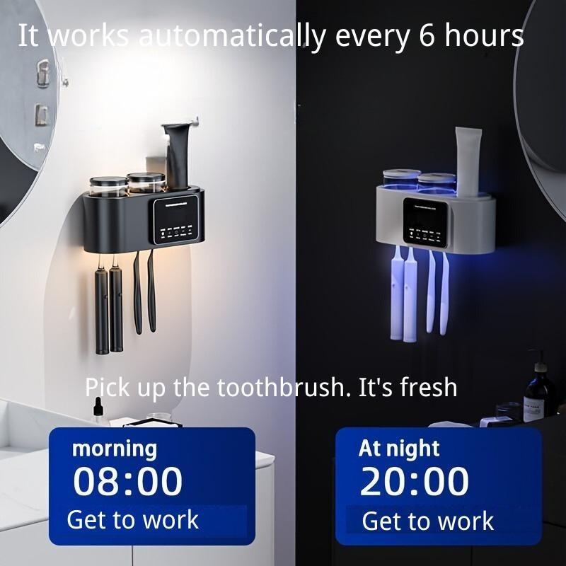 Wall Mounted Toothbrush Holder with 2 Tooth Cups and Smart Sterilizer, Bathroom Toothbrush Protection for Effective Cleaning and Drying, Toothbrushes White