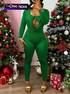 DOUCIU Autumn Street Personality Basic Solid Color Sports Casual Tight Sexy Hot Women'S Thin Long Sleeve Hollow Metal Decoration Body Shaping Jumpsuit Trousers