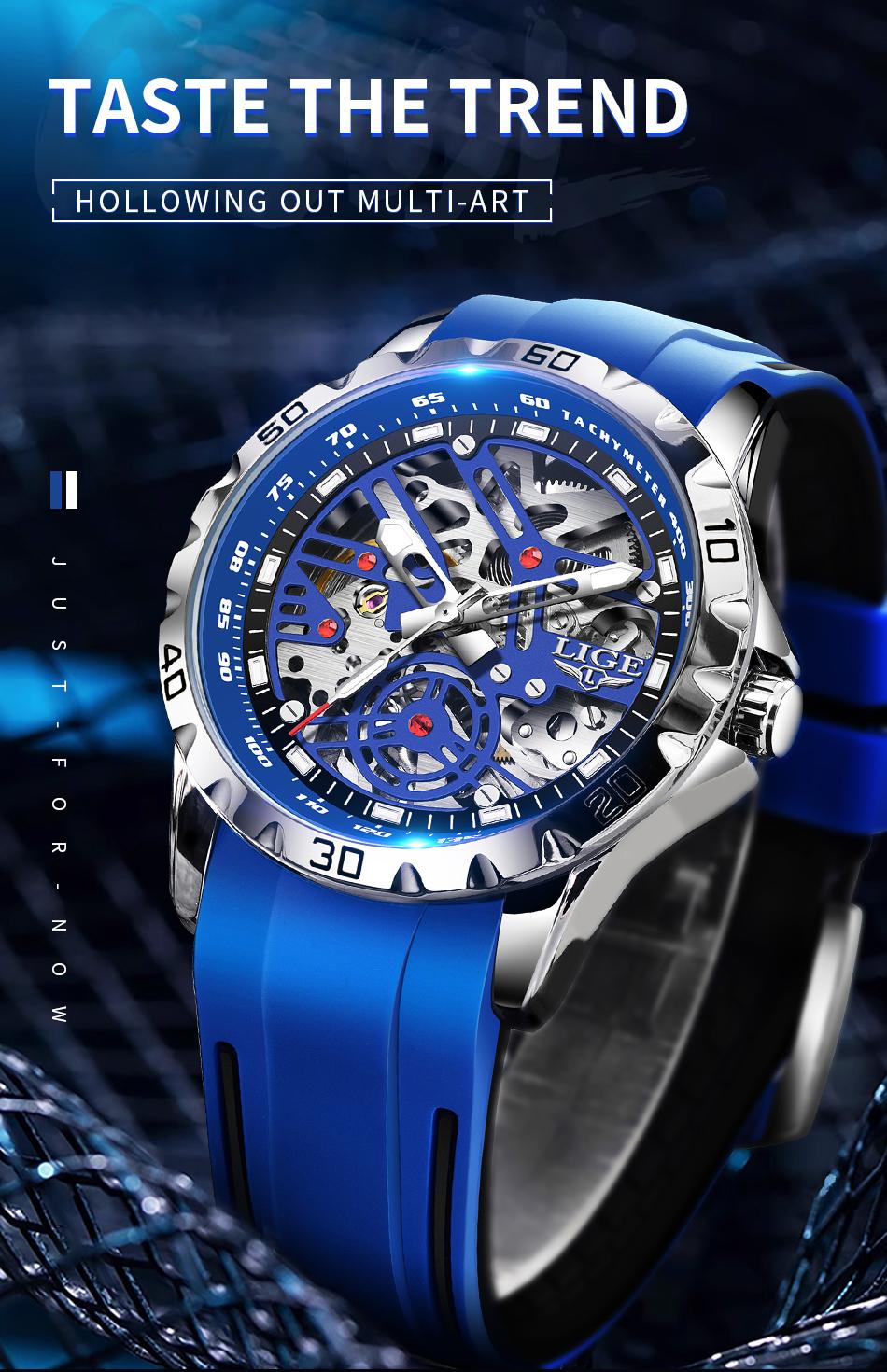 Lige Men's Mechanical Watch, 43mm stainless steel case, 30-meter water resistance, luminous at night, Skeleton Machinery design.