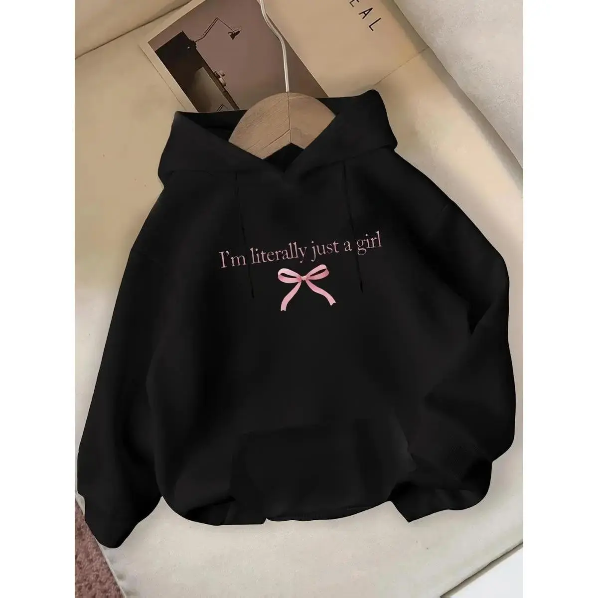 Cute Hoodie with 'i'm Just a Girl' Print & Bow, Y2K Style, Comfortable & Fashionable, Perfect Fit for Girls, Fall & Winter Wear Pullover Loose1.