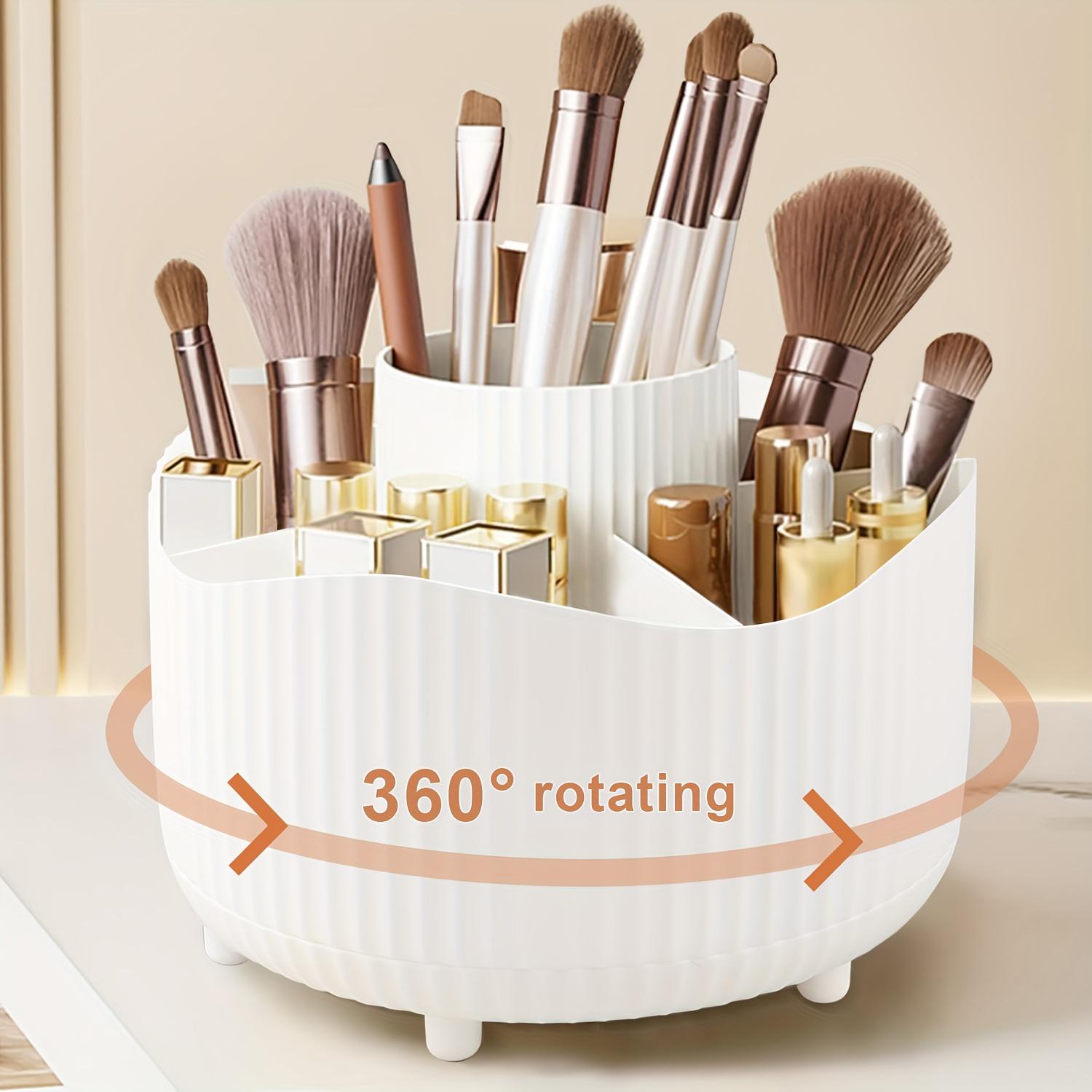 360 Degree Rotating Makeup Organizer Box, 5 Grids Plastic Cosmetic Storage Rack, Luxury Stripe Design, Portable Brush Holder, Accents, Beauty Organizer