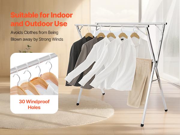 VEVOR Clothes Drying Rack, 2-Tier Telescopic Laundry Dryer Rack, Stainless Steel Drying Racks with 30 Windproof Holes and 2 Shoe Hooks, Free-Standing and Portable Hanger for Outdoor Indoor Use