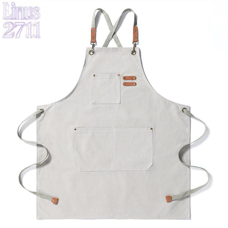 Cotton Canvas Cross Back Work Apron Leather Adjustable Strap Multi Pocket Oil Resistant Kitchen Coffee Shop Gardening Artist Unisex Custom Logo Blank Apron