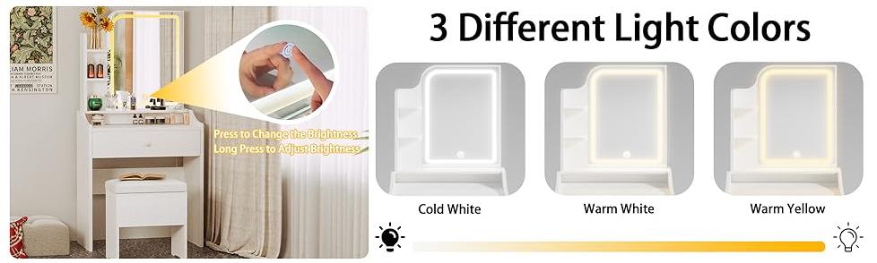 LIKIMIO Small Makeup Vanity Desk with Mirror and Lights, Vanity Table Set with Storage Drawer, Chair and Three Shelves, Bedroom LIKIMIO Small Makeup Vanity Desk with Mirror and Lights, Vanity Table Set with Storage Drawer, Chair and Three Shelves, Bedroom