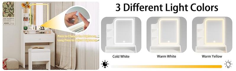 LIKIMIO Small Makeup Vanity Desk with Mirror and Lights, Vanity Table Set with Storage Drawer, Chair and Three Shelves, Bedroom