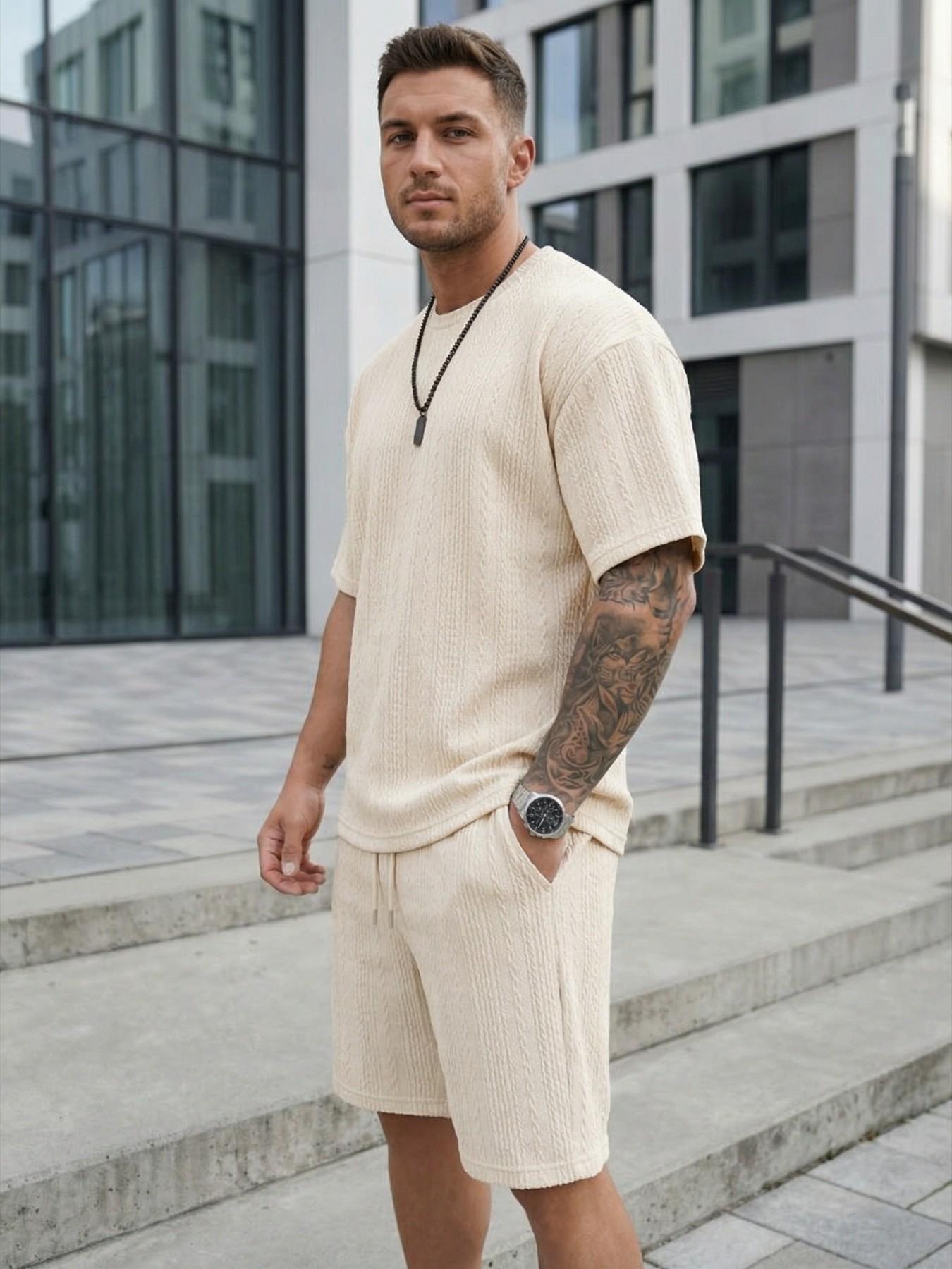 Men's Youth Textured Casual Vacation Outdoor Round Neck Loose Fit T-Shirt + Drawstring Shorts, Short Sleeve, Fitted, Plain, Contrast Binding