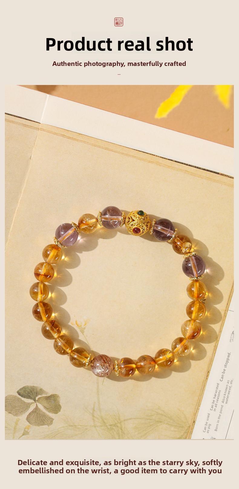 [Golden Wealth Return] crystal bracelet, yellow citrine amethyst super seven, unisex, daily wear birthday gift, natural stone gold accent, wealth prosperity symbol