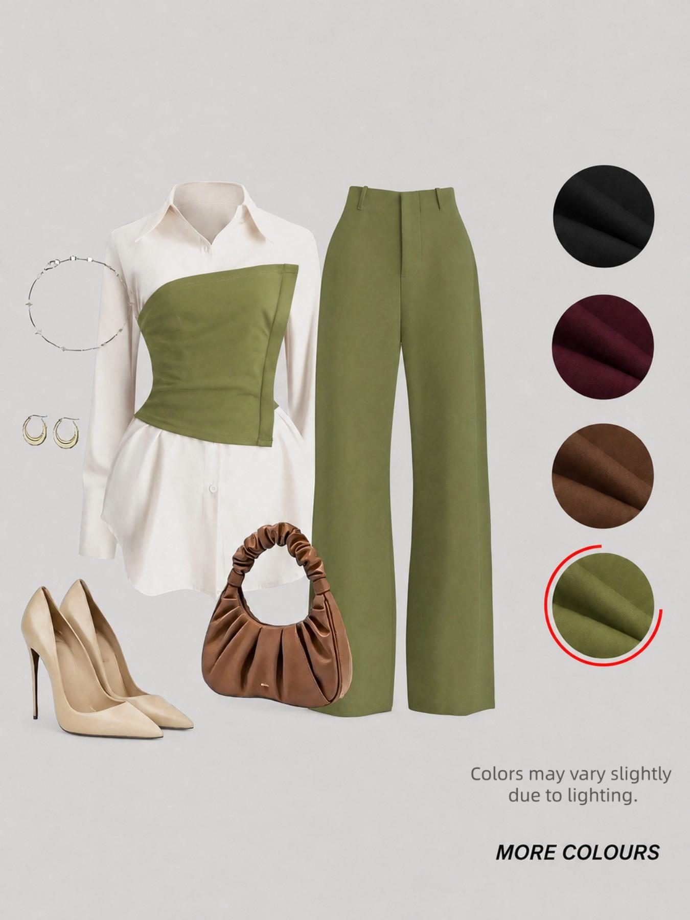 Women's Fall Winter Slimming Belted Colorblock Collar Blouse Set, Asymmetric Hem Design, Casual Daily Commute Two-Piece, Multiple Colors Available