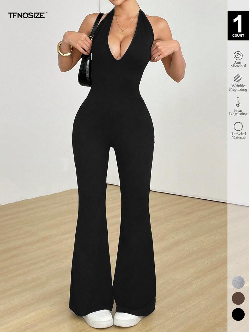 2026 Women's Bodycon Halter Jumpsuit Plunging V Neck Backless Flared Leg Pants Romper for Club Party Sleeveless Casual Jumpsuit