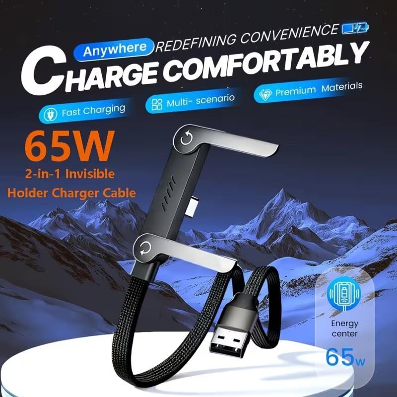 Side-mounted mobile phone charging cable, two-in-one invisible fixed charging cable, 65W fast charging cable with  phone stand, suitable for iPhone 15-17, all Android models are applicable, festival gift