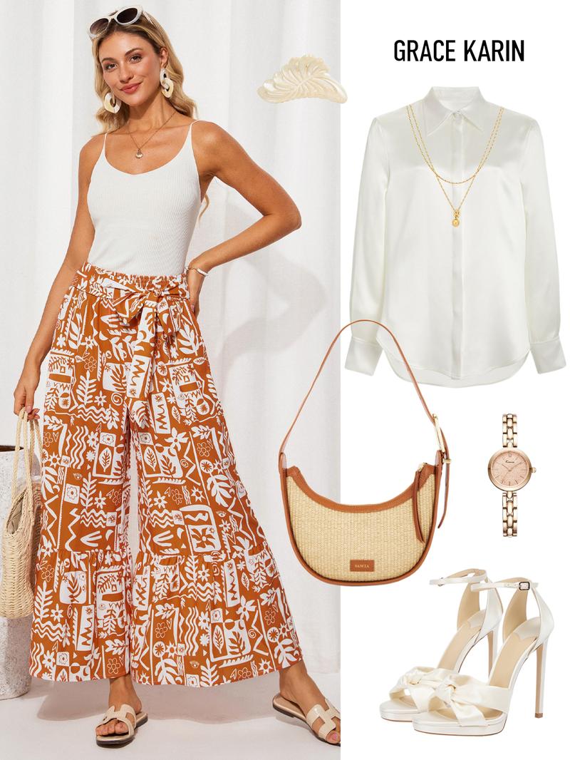 Grace Karin Women Elastic Waist Flared Pants Casual Vacation Full Length Bell-Bottoms