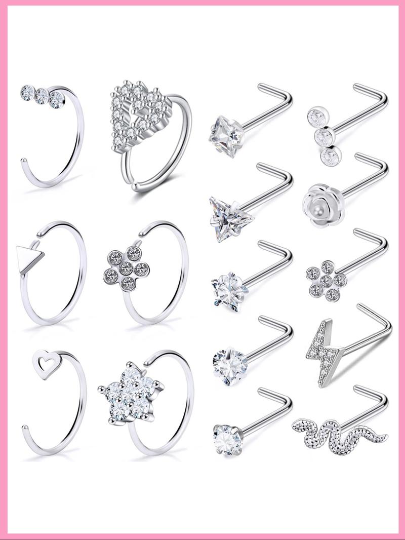 Women's 20g Nose Ring Stud Earrings, Surgical Steel Nose Stud with Shiny Cz Flower Design, Heart Butterfly Floral Patterns, Nose Piercing Jewelry
