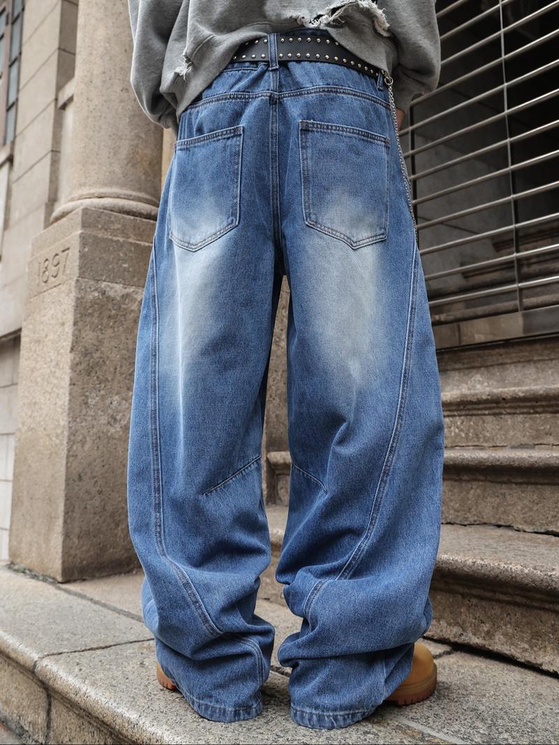 Men's Vintage Washed Loose Fit Jeans, Long Y2K Street Style Denim Jeans, Casual Natural Waist Zipper Fly, Perfect Gift for Boyfriend Husband