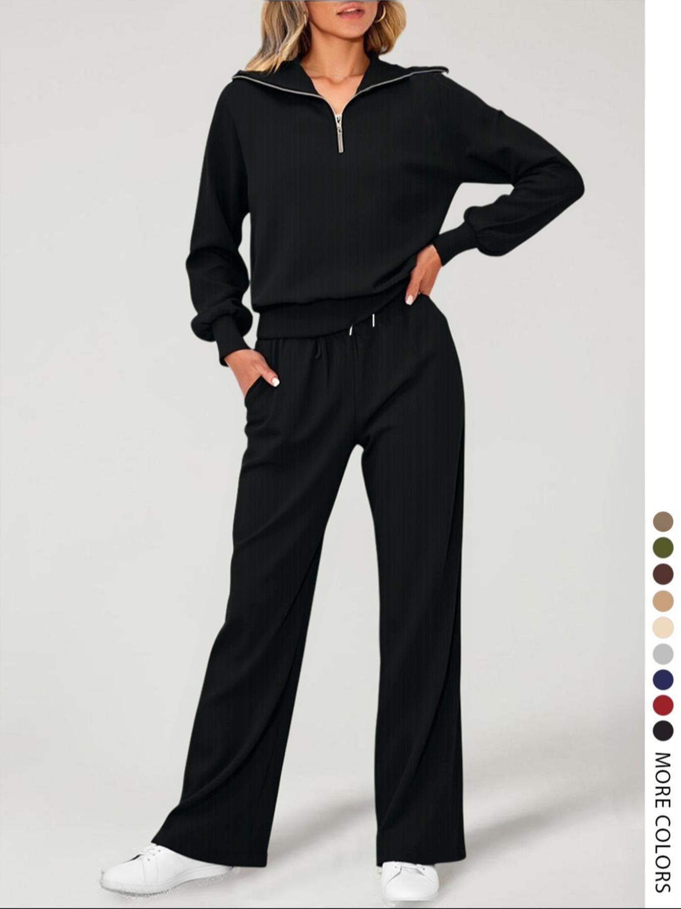 Pure Color Half-Zip Shoulder Pad Sporty Top Long Pants Set, Casual Loose-Fitting Short Upper Long Lower, Perfect for Spring Summer