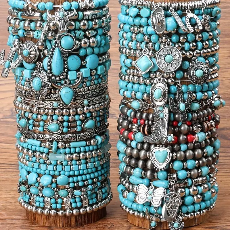 Vintage Boho Western Vibe Beaded Bracelet Set - Unisex Adults' Layered 5/16/19/24pcs Jewelry with Charms, Fashion Accessories for Birthday, Daily Wear